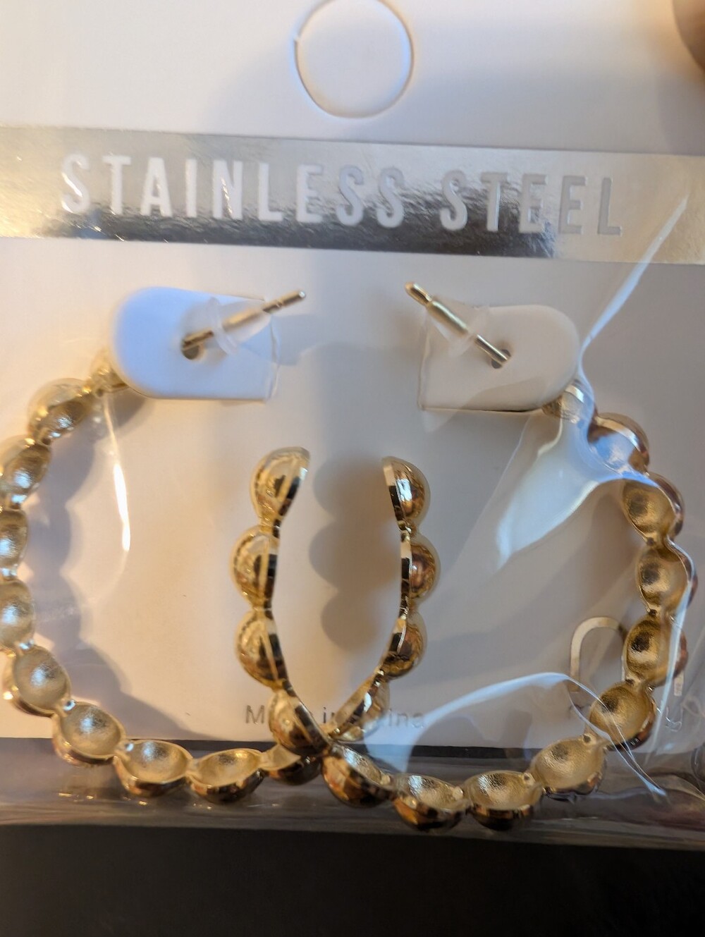 Gold-tone Bead-like Stainless Steel Hoop Earrings - Picture 2 of 4